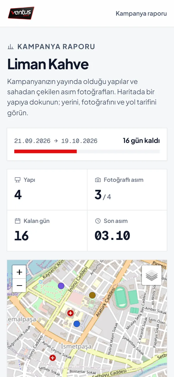 Müşteri raporu: kampanya ilerlemesi, yapılar ve tarih damgalı asım fotoğrafları.