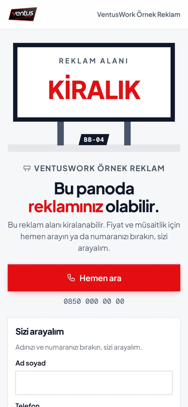 QR sayfası: bu yüz kiralık, ara ve WhatsApp düğmeleri, talep formu.