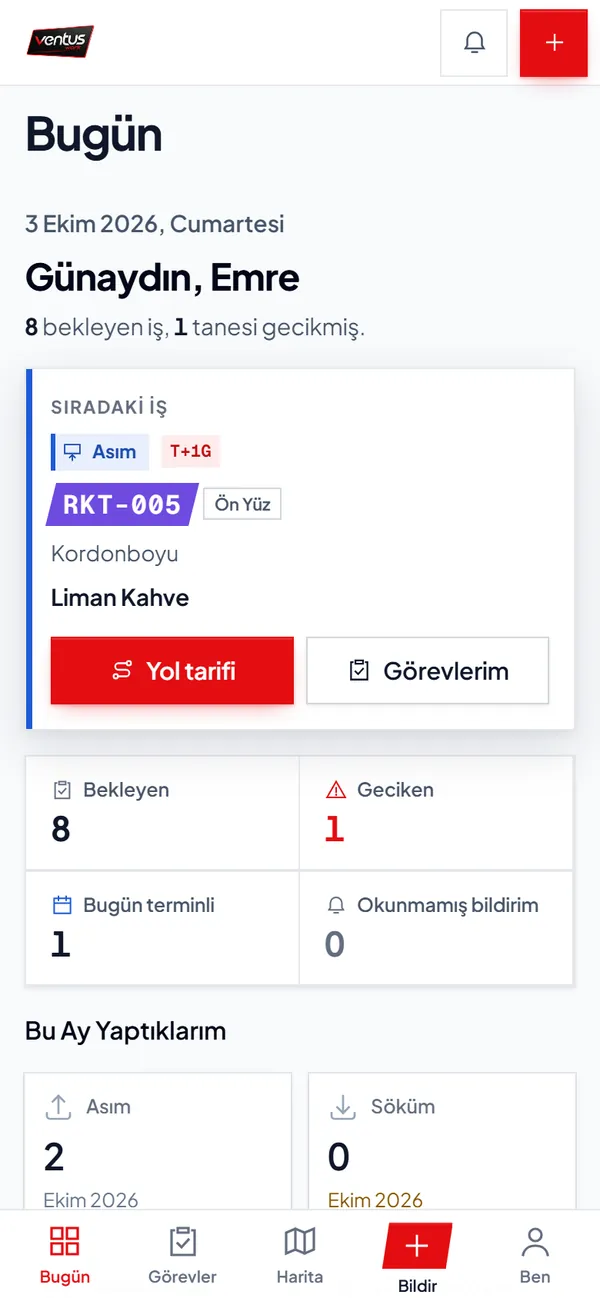 Saha Bugün ekranı: sıradaki görev kartı ve günün sayaçları.