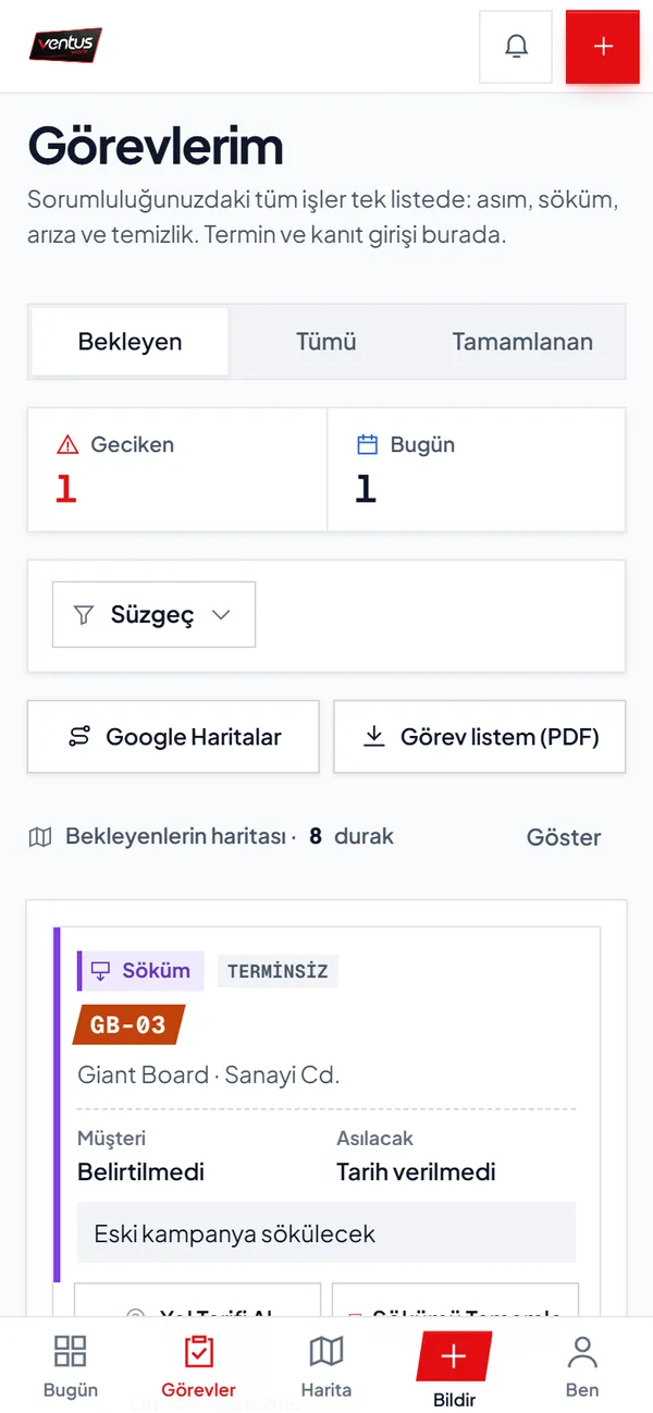 Görevlerim: mesafeye göre sıralı görev rotası.